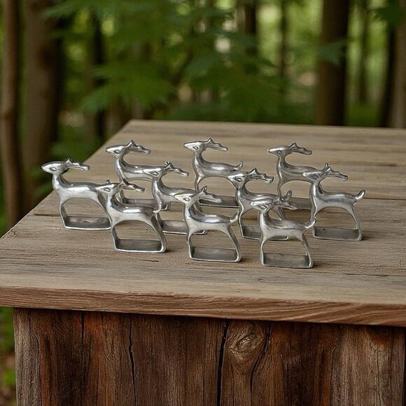 Set of 10 Vintage Silver Tone Deer Napkin Rings Mid Century Modern Table Decor - Picture 1 of 7